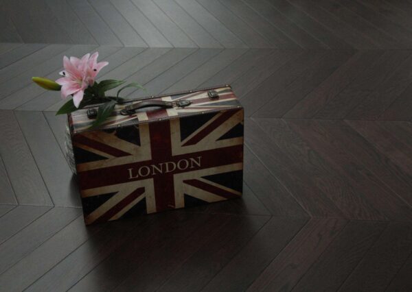 Coffee Stained & Lacquered Chevron Flooring T & G Oak Luxury Engineered Wood Flooring – 600x90mm - Image 3